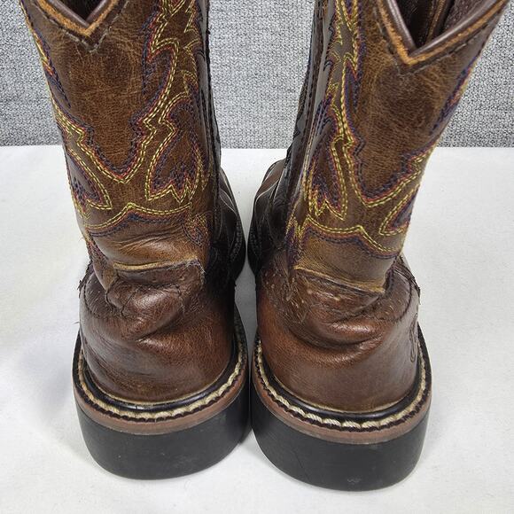 JUSTIN KIDS BROWN LEATHER WESTERN CATTLEMAN JR. BOOTS – SIZE 12 – FLAME STITCH - Picture 10 of 12